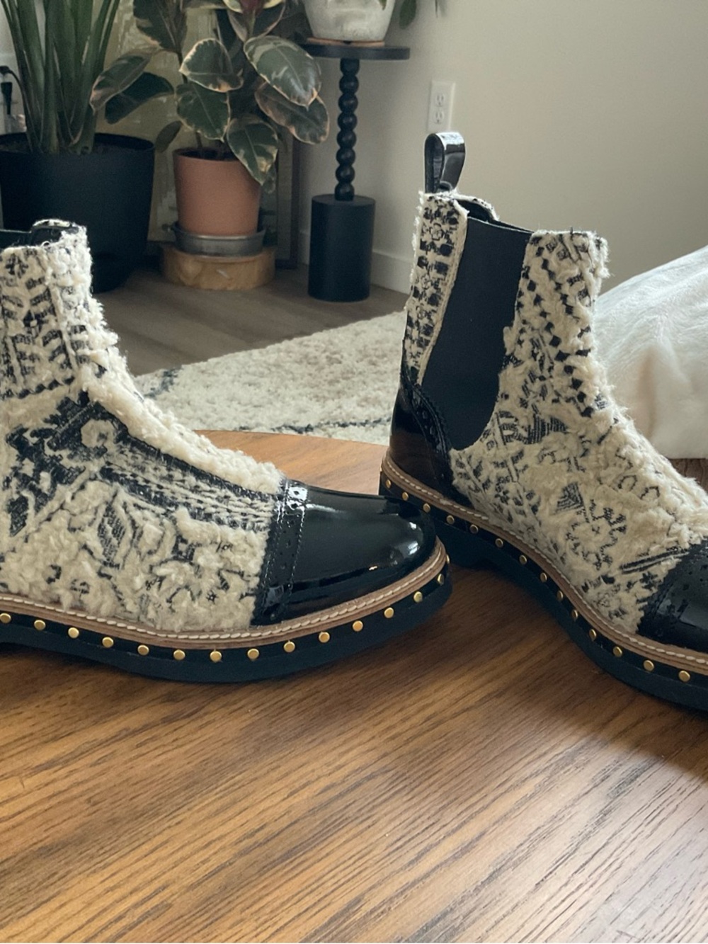 Free People Cream and Black Textured Ankle Boots with Studded Sole